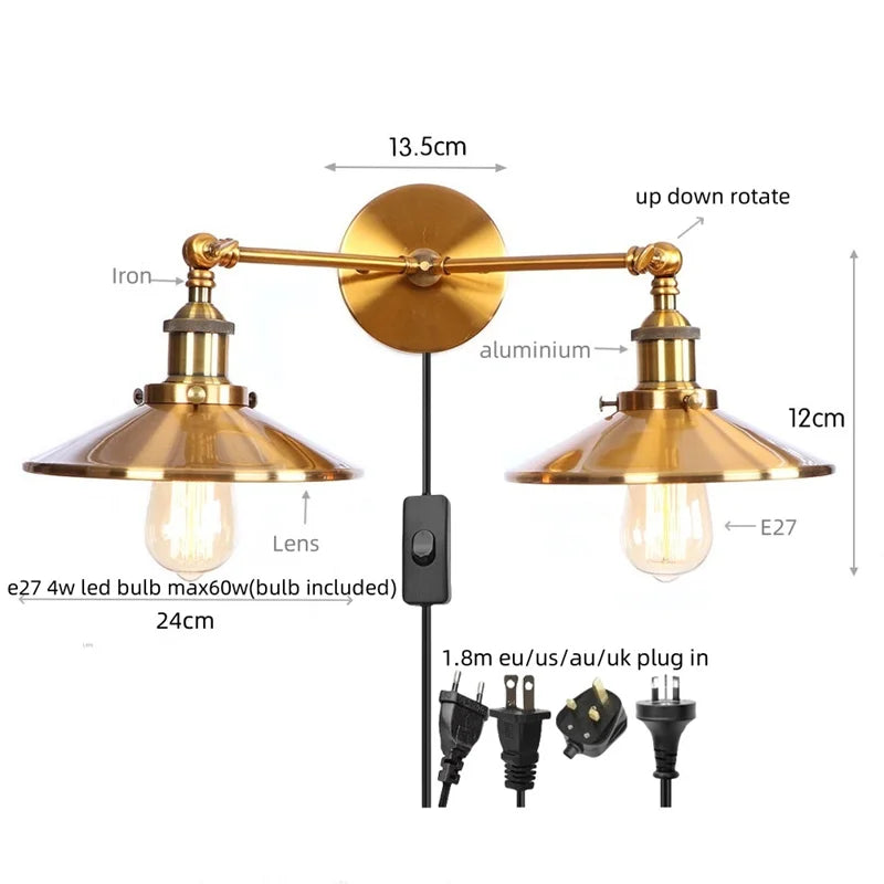 Afralia™ Industrial Vintage Double Heads LED Wall Light for Adjustable Coffee Reading
