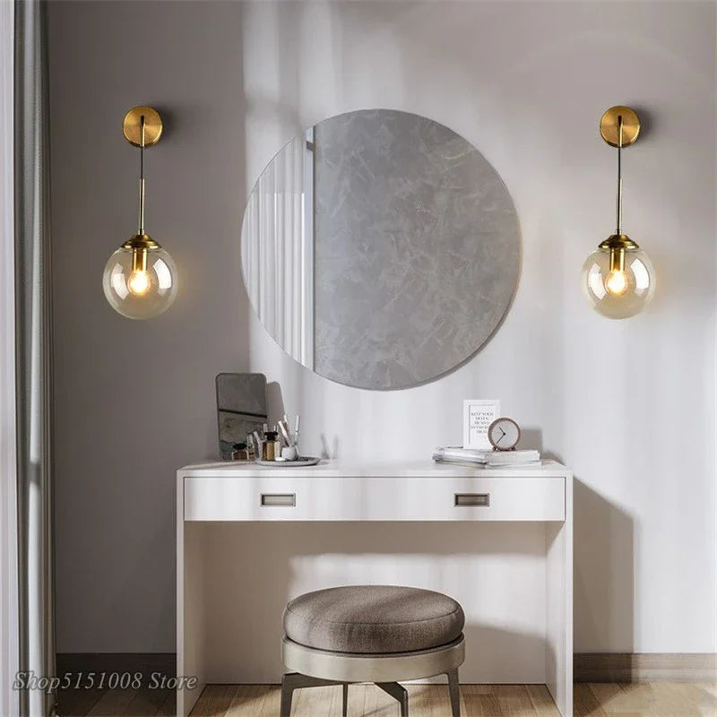 Afralia™ Vintage Ball Glass Wall Sconce LED Round Bathroom Mirror Light