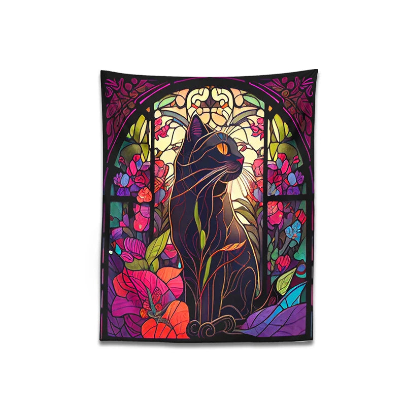 Afralia™ Floral Cat Tapestry Stained Glass Wall Art - Boho Cat Decor