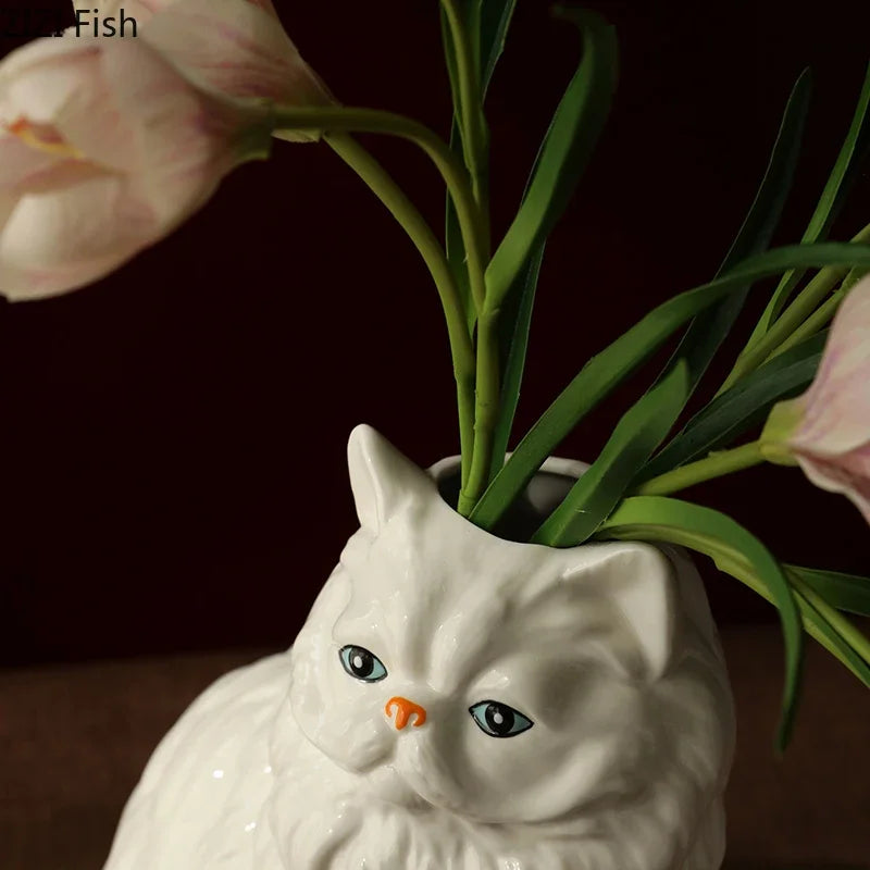 Afralia™ Ceramic White Cat Vase for Desk Decor and Artificial Flowers Arrangement