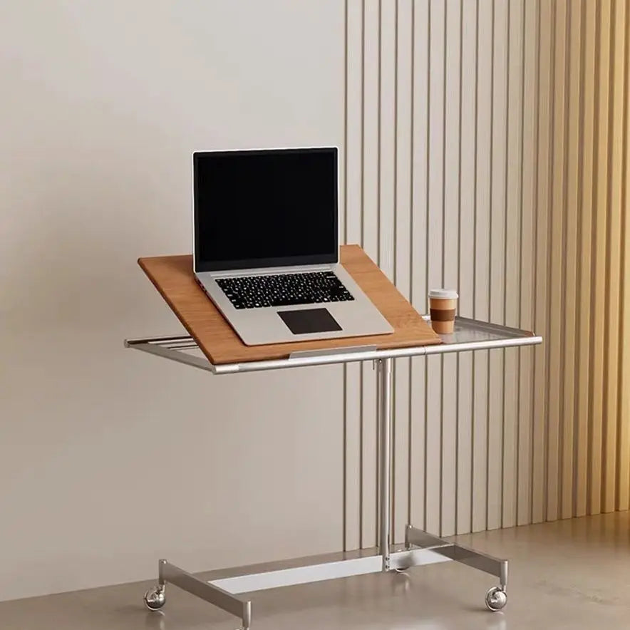 Afralia™ Steel Lifting Table & Solid Wood Movable Computer Desk, Modern Office Furniture