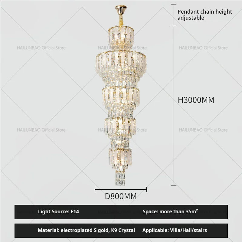 Afralia™ Duplex Villa Crystal Light Chandelier Spiral Staircase Building Elegant Transparency