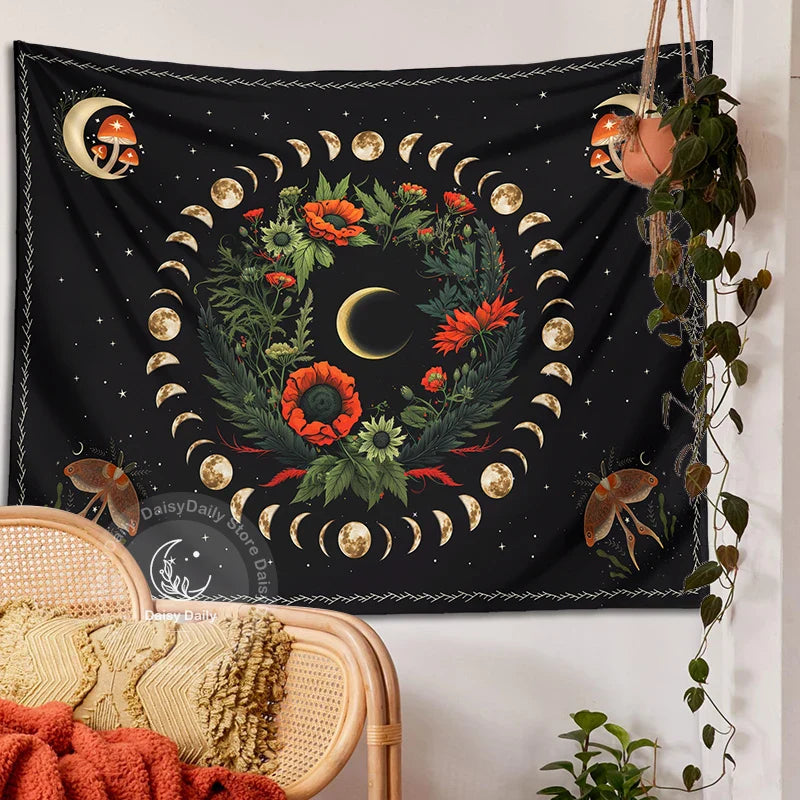 Afralia™ Moon Phase Flower Moth Tapestry: Psychedelic Floral Boho Wall Decor