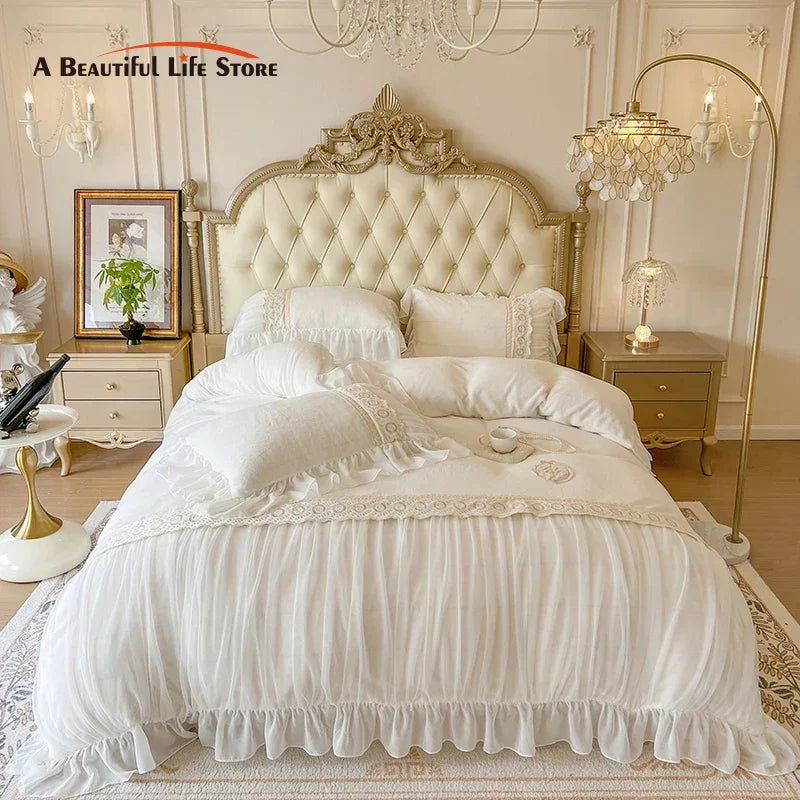 Afralia™ Velvet Fleece Princess Bedding Set with French Pleat Lace Ruffles, Plush & Warm