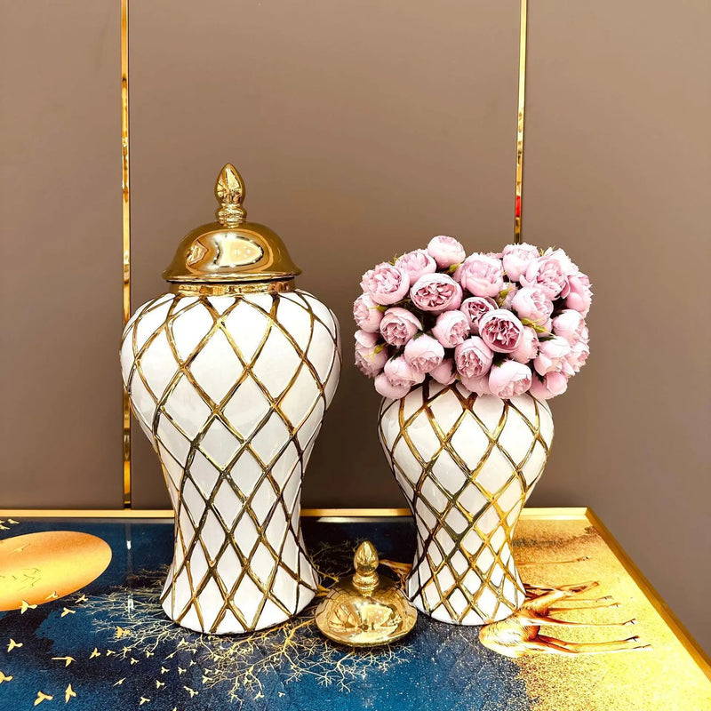 Afralia™ Gold Diamond Porcelain Vase: Elegant Ceramic Home Decoration & Storage Jar