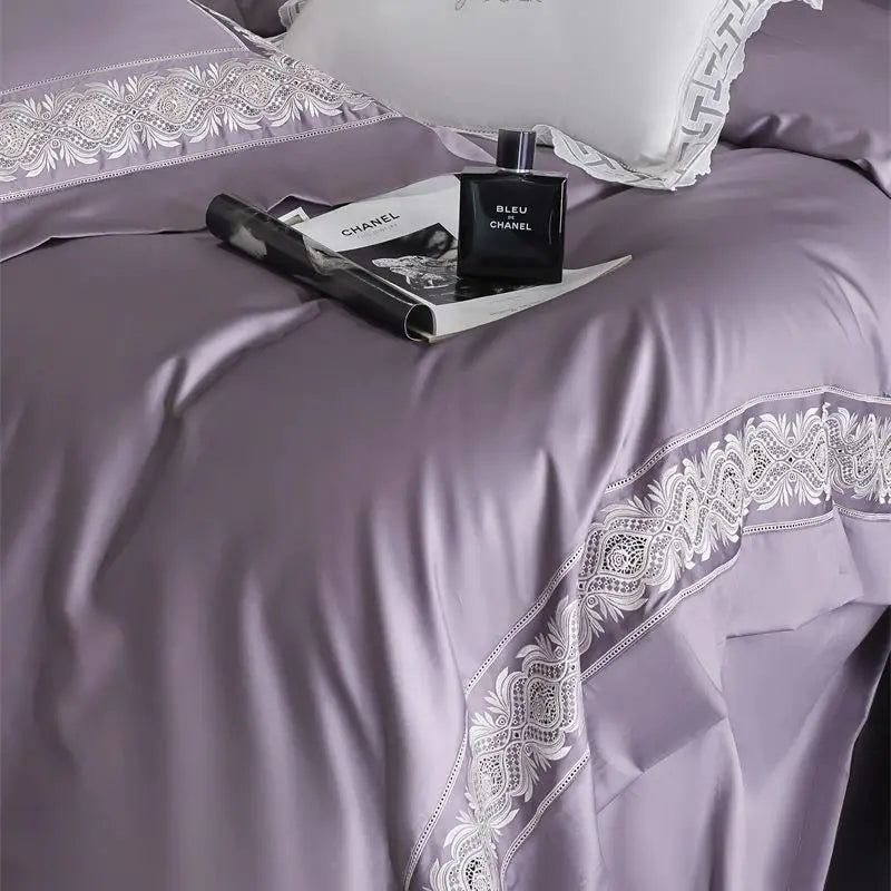 Afralia™ 1200TC Egyptian Cotton Lace Embroidery Bedding Set: 1 Duvet, 1 Sheet, 2 Pillowcases
