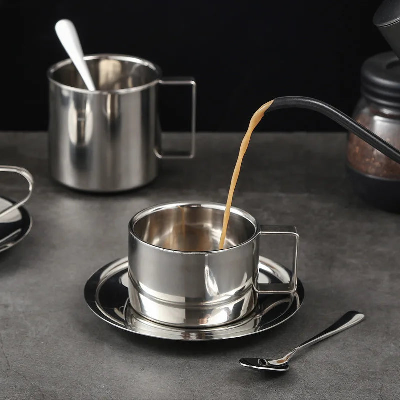 Afralia™ Stainless Steel Double Wall Insulated Coffee Cups Set with Tray and Spoon