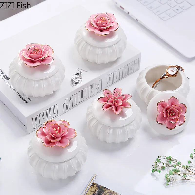 Afralia™ Rose Flower Ceramic Tea Canister Candy Pot Storage Jar