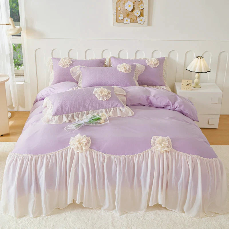 Afralia™ Princess Style Cotton Bedding Set with Flowers, Lace Ruffles, and Quilted Details