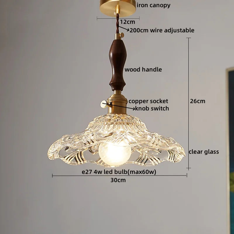 Afralia™ Copper Glass Pendant Light Fixture with Wood Handle & LED Bulb