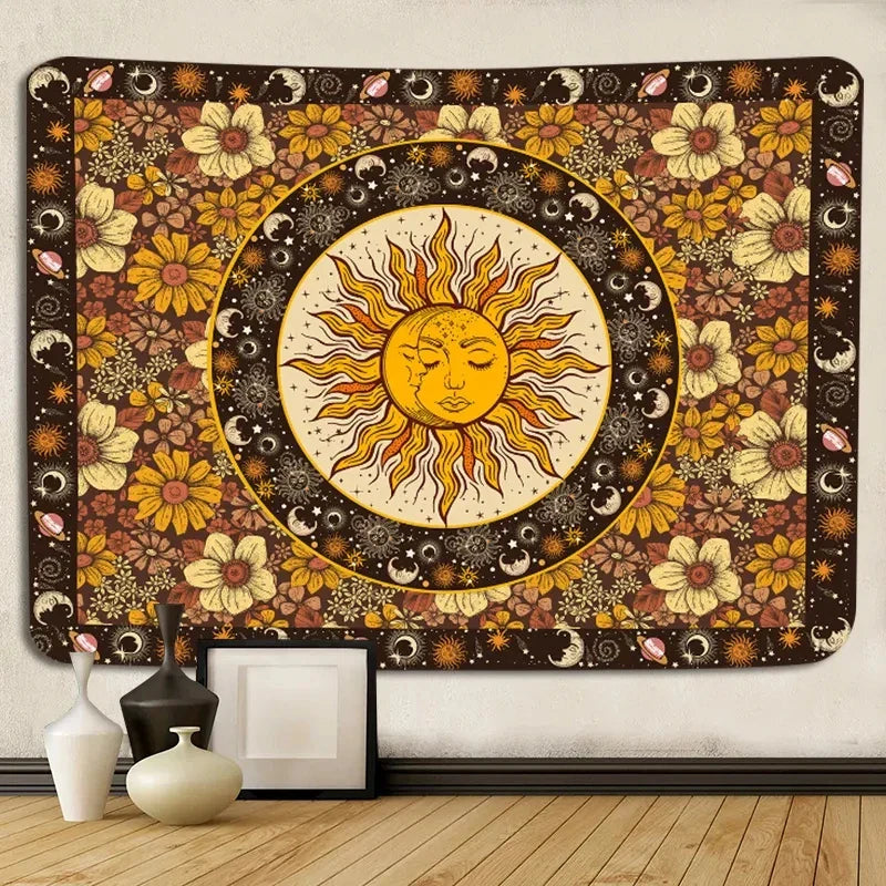 Afralia™ Sun Moon Vintage Boho Wall Tapestry Sunflowers Constellation Aesthetic