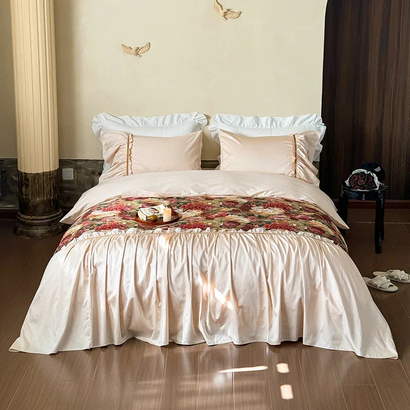 Afralia™ 100S Cotton Vintage Jacquard Lace Ruffles Print Bedding Set