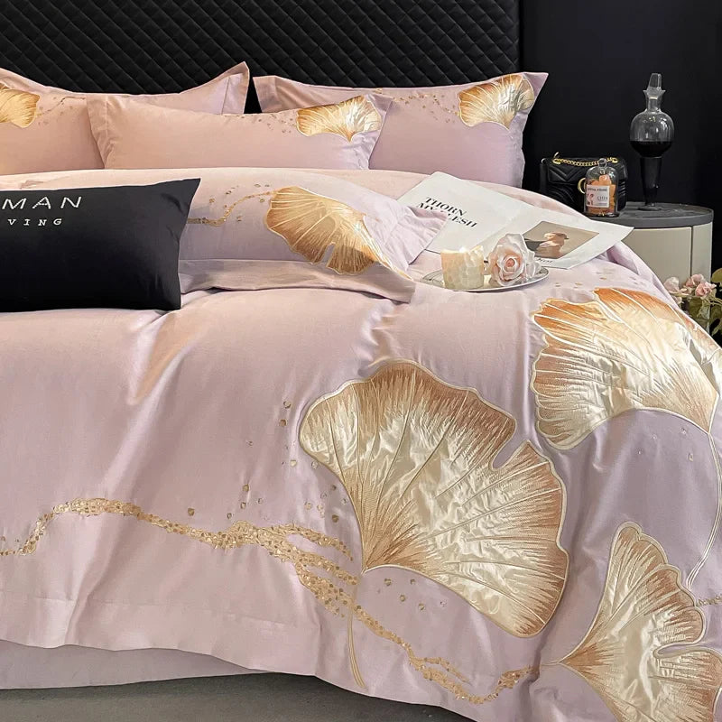 Afralia™ Gold Ginkgo Leaf Embroidery Bedding Set - 100% Cotton Luxury 4Pcs