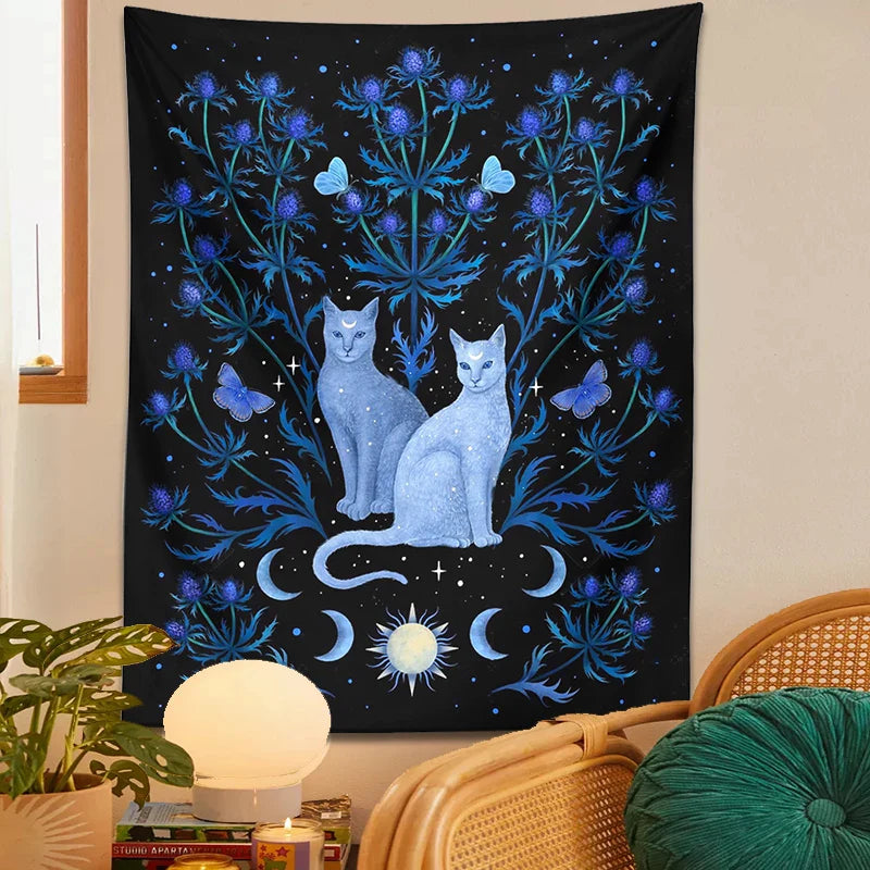 Afralia™ Cat Tapestry Wall Hanging Moon Sun Moth Leaf Flower Occult Home Decor