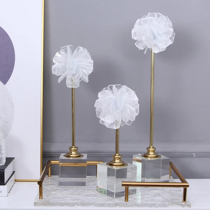Afralia™ Crystal Flower Glass Craft Hyalinite Sculpture Metal Decorative Figurine