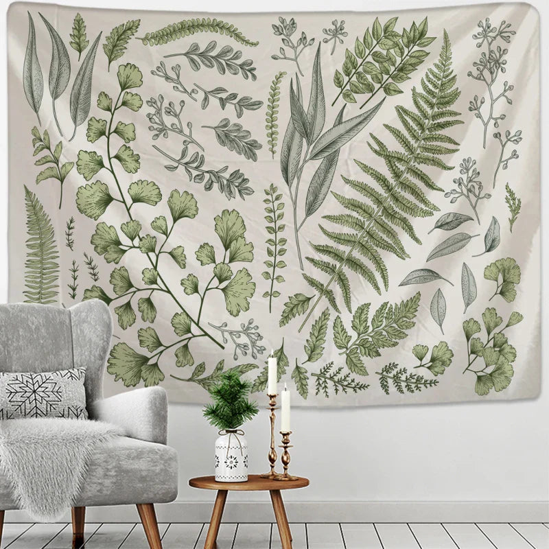 Afralia™ Botanical Tapestry Wall Hanging Fern Leaves Boho Nature Aesthetic Room Decor