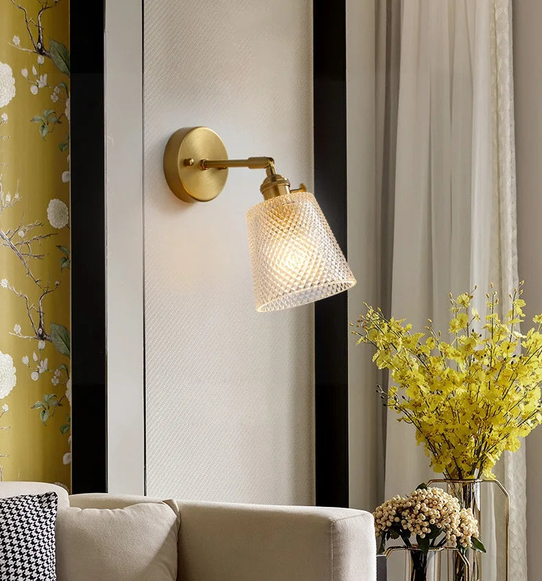 Afralia™ Clear Brass Glass LED Wall Lamp Pull Chain for Living Room Bedroom Loft