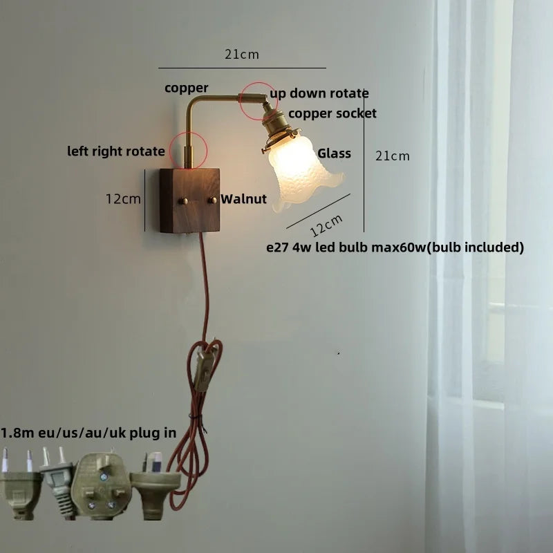 Afralia™ White Glass LED Wall Light Fixture Walnut Wood Brass Pull Chain Switch