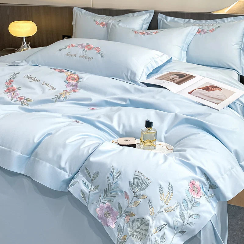 Afralia™ Luxury Flowers Embroidery Bedding Set: Duvet Cover, Sheet, Pillowcases