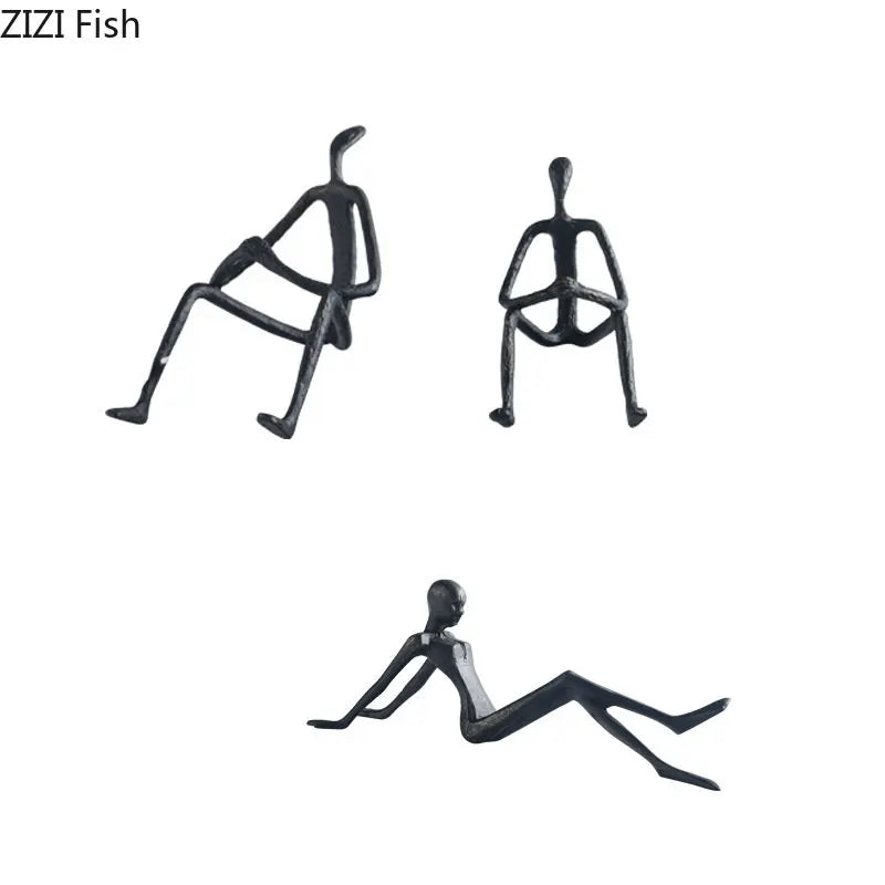 Afralia™ Seated Figures Cast Iron Sculpture for Room Decor - Abstract Metal Ornaments