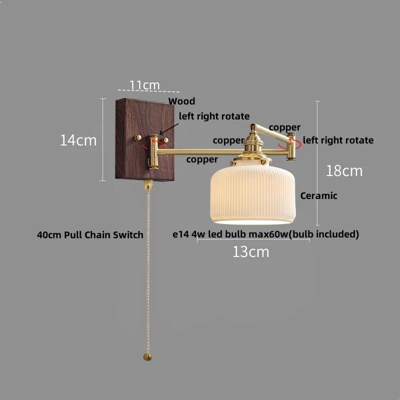 Afralia™ Ceramic LED Wall Sconce with Walnut Wood Pull Chain Switch - Nordic Style