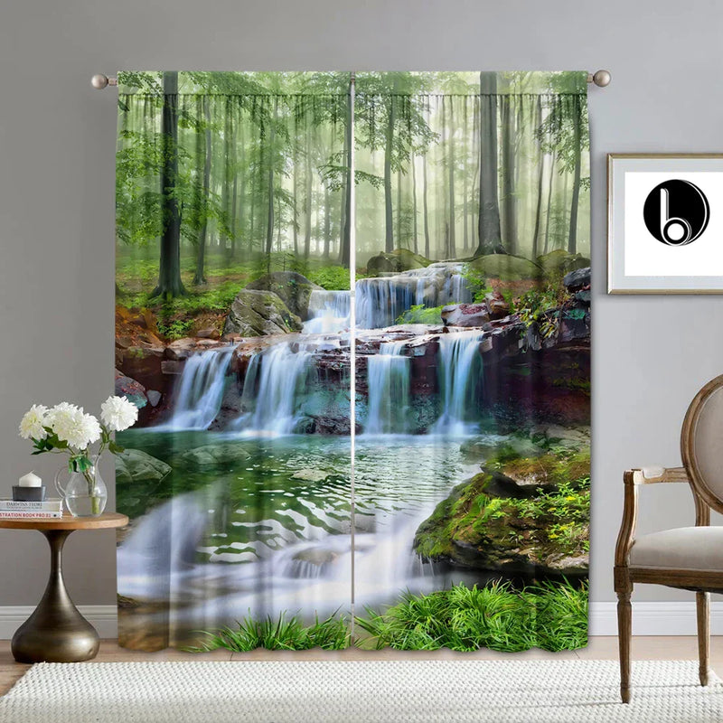 Afralia™ Waterfall Beach Scenery Printed Curtains for Kitchen, Coffee Shop & Living Room