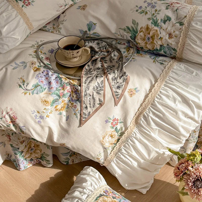 Afralia™ French Pastoral Princess Lace Bedding Set with Ruffles, 100% Cotton, Queen King