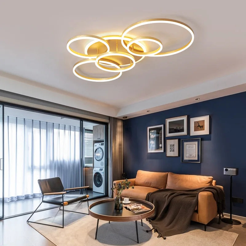 Afralia™ Brushed Golden LED Ceiling Chandelier for Modern Living Room and Bedroom Lighting