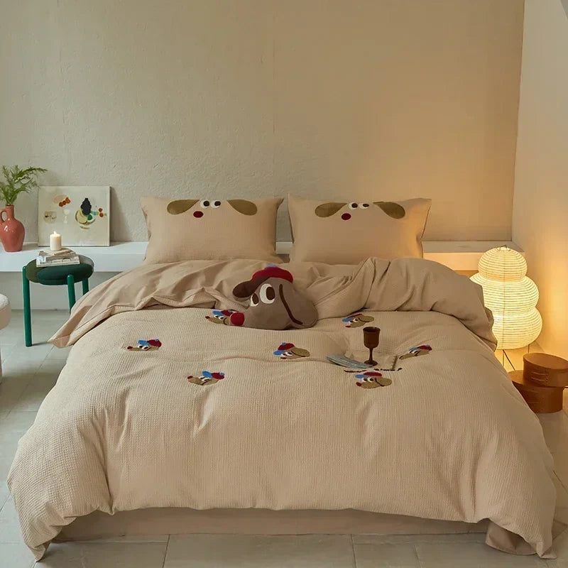 Afralia™ Waffle Embroidered Cotton Bedding Set with Sheet, Pillow, and Cover - Luxe, Cozy