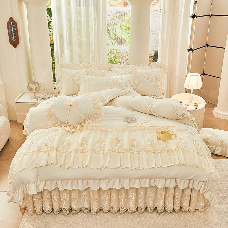 Afralia™ Princess Burgundy Red Velvet Bedding Set - Duvet Cover, Bed Skirt, Bedspread, Pillowcases