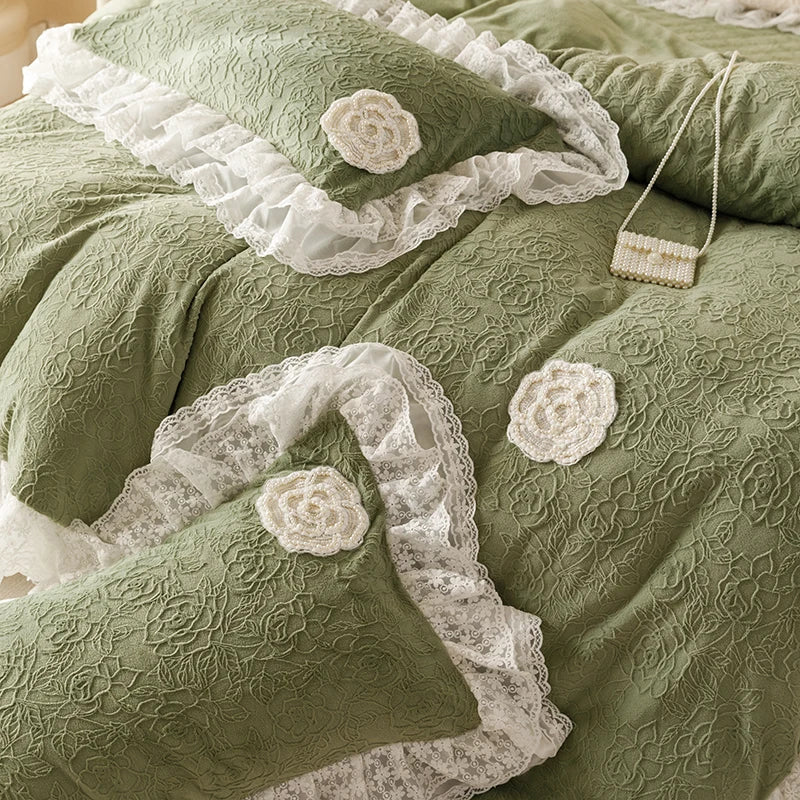 Afralia™ Luxe Carved Velvet Lace Ruffles Bedding Set with Quilted Bed Skirt