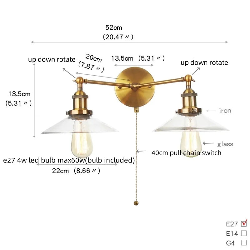 Afralia™ Glass 2-Light Wall Sconce with Pull Chain Switch for Bedroom and Bathroom
