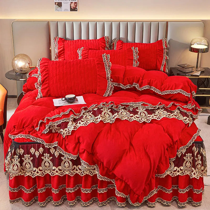 Afralia™ Velvet Bedding Set with Gold Lace Ruffles, Removable Bed Skirt & Pillowcase