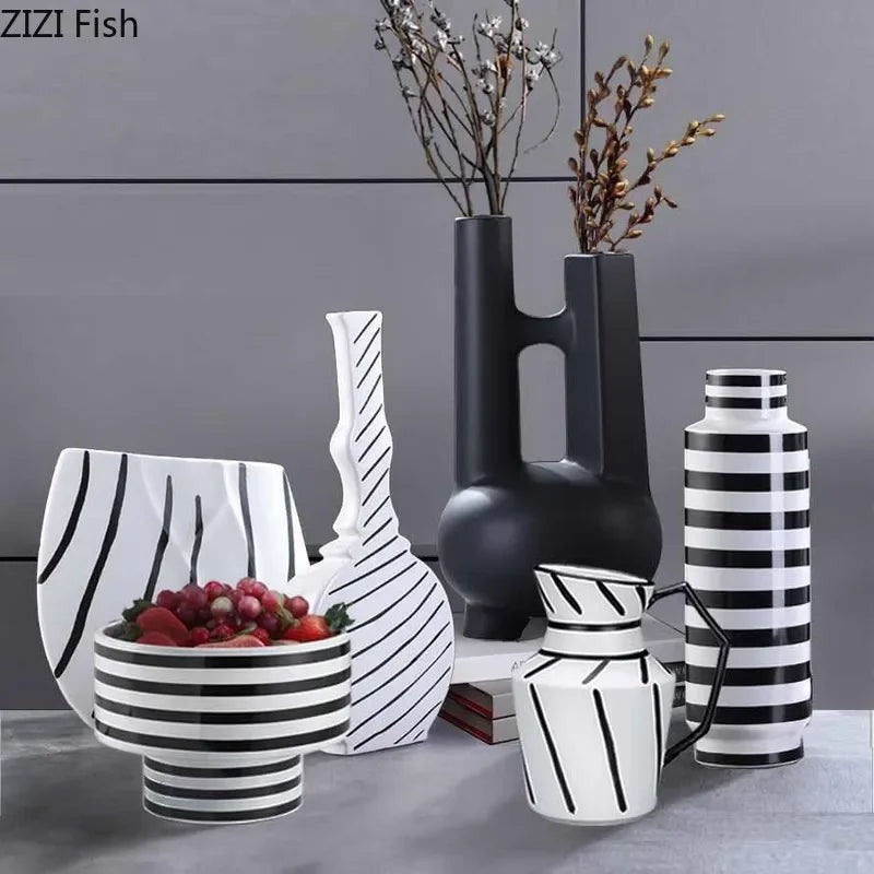 Afralia™ Elegant Striped Ceramic Vase TV Cabinet Crafts Hydroponic Home Decor Gift