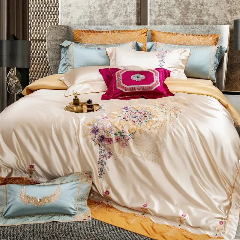 Luxurious Palace Flowers Embroidery Champagne Gold Brocade Bedding Set by Afralia™