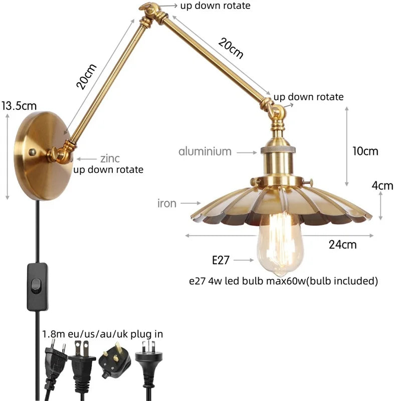 Afralia™ Gold Industrial LED Wall Lamp with Pull Chain Switch for Home Decor