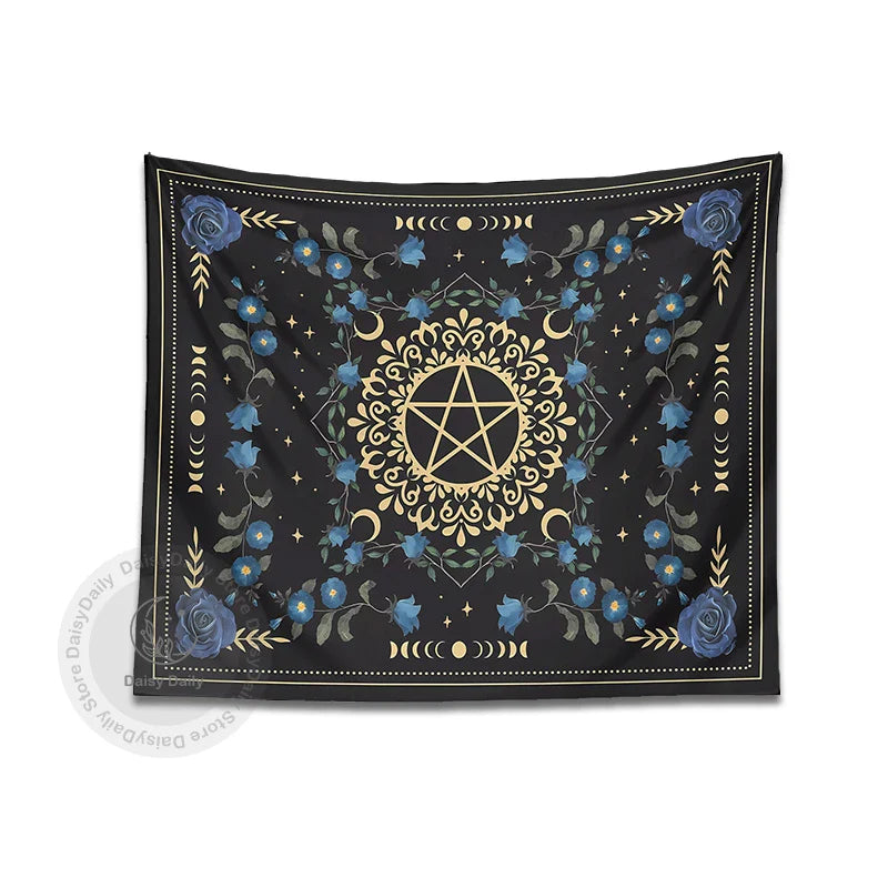 Afralia™ Blue Rose Moon Floral Tapestry Wall Hanging Botanical Tarot Mat