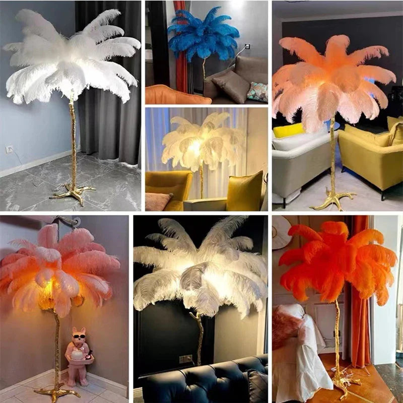 Afralia™ Ostrich Feather LED Floor Lamp - Gold Resin Modern Standing Light