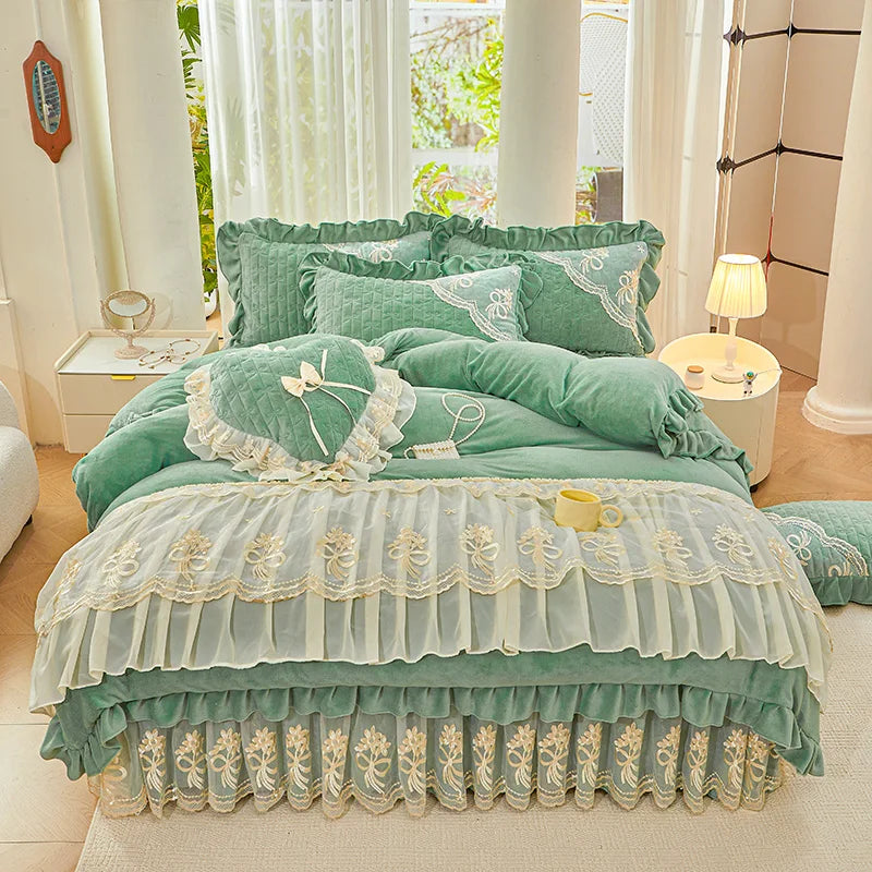 Afralia™ Princess Burgundy Red Velvet Bedding Set - Duvet Cover, Bed Skirt, Bedspread, Pillowcases