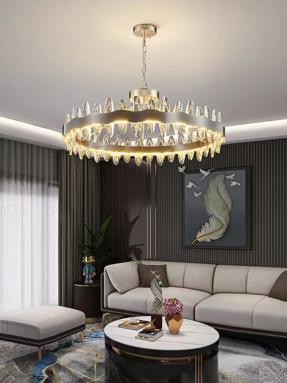 Afralia™ Round LED Crystal Chandelier in Gold/Black for Luxe Living Room Lighting