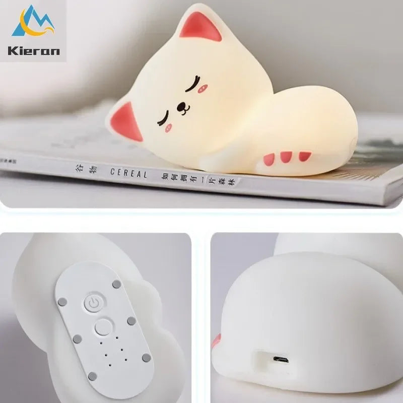 Afralia™ Cat LED Night Light - USB Rechargeable, Seven Colors, Soft Silicone