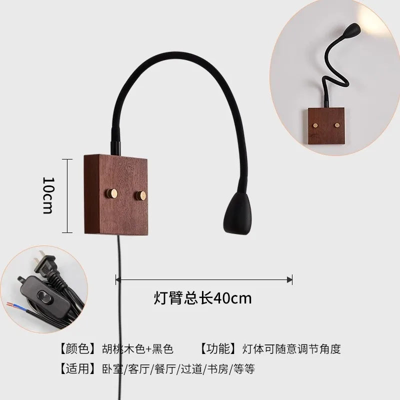 Afralia™ Walnut Wood LED Wall Lamp for Bedroom Study Cafe, Adjustable Universal Joint