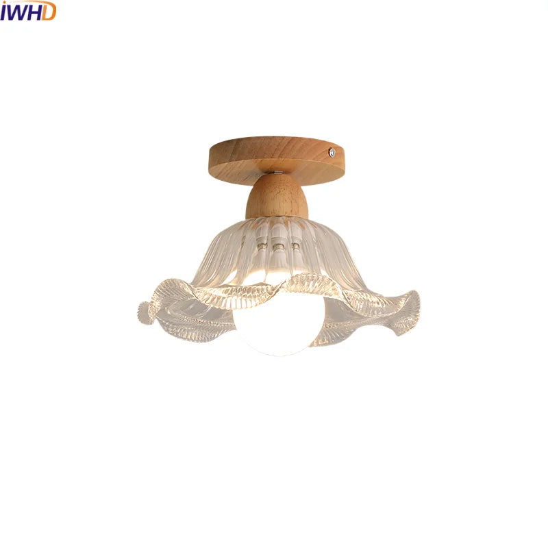 Afralia™ Nordic Wood Glass LED Ceiling Light Modern Indoor Lighting Balcony Corridor Restaurant
