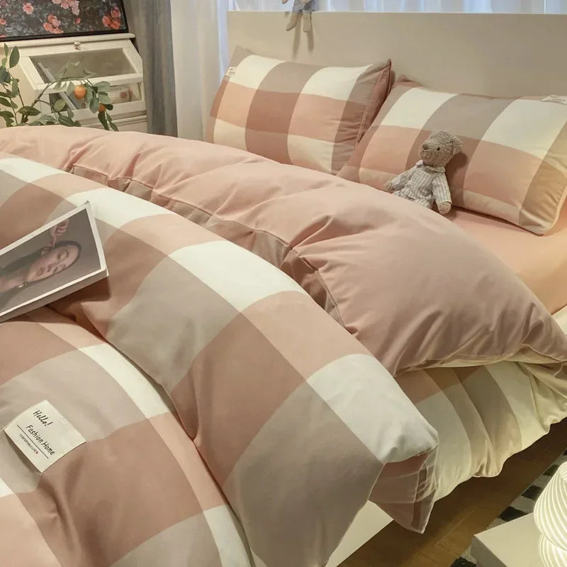 Afralia™ Japanese Grid Print Bed Set in Washed Cotton for Summer Comfort