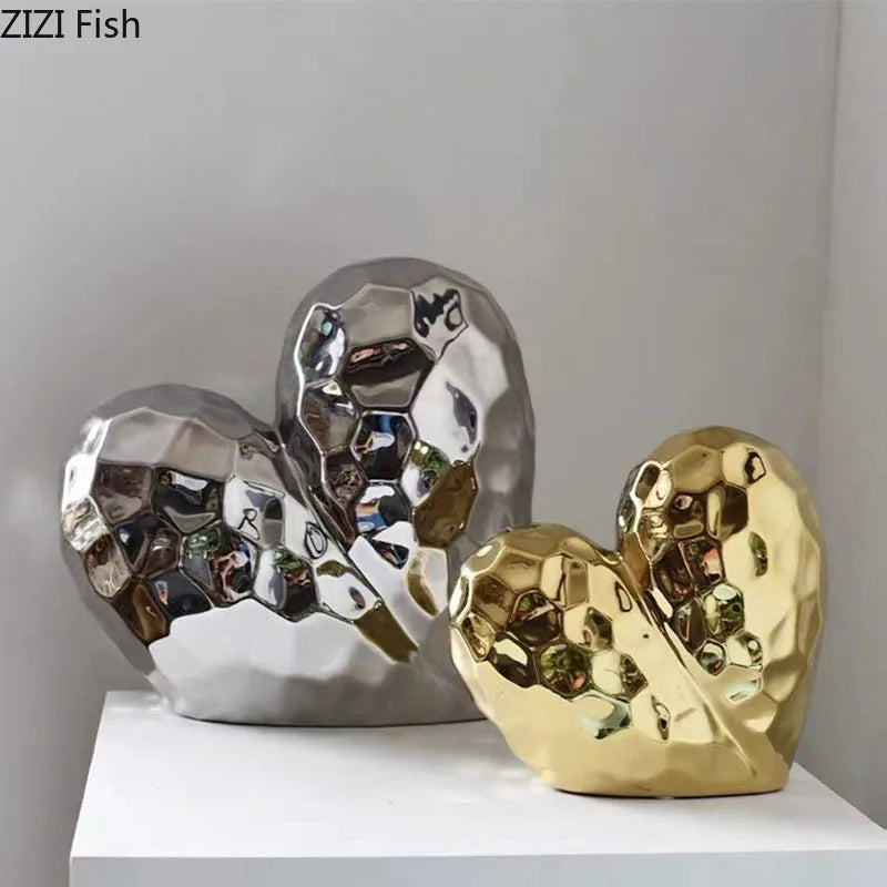 Afralia™ Gold Heart Ceramic Statue Ornament - Irregular Heart Sculpture Decor Figurine