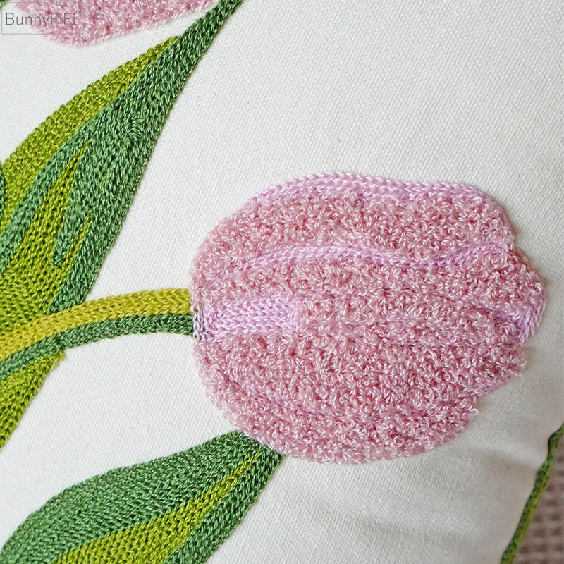 Afralia™ Green Tulip Embroidery Pillowcase 45X45CM - Sofa Bed Office Car Chair Cover