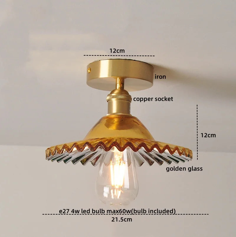 Afralia™ Green Glass Copper Ceiling Light Fixture Balcony Kitchen Modern LED Lamp