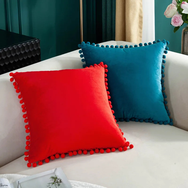 Afralia™ Velvet Cushion Cover with Pompon - Solid Color Plush Sofa Pillowcase