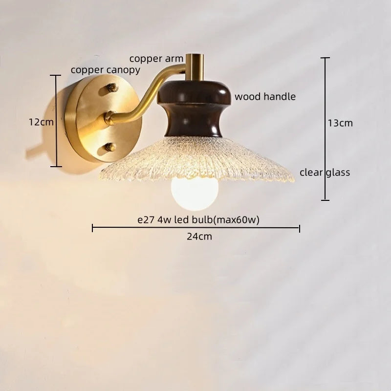 Afralia™ Wood Handled Copper Arm LED Wall Light - Vintage Bedside Lamp