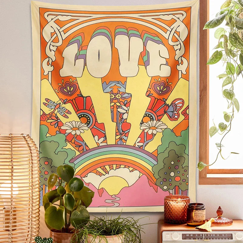 Afralia™ Retro Love Sun Rainbow Tapestry - Psychedelic Hippie Wall Art for Home Decor